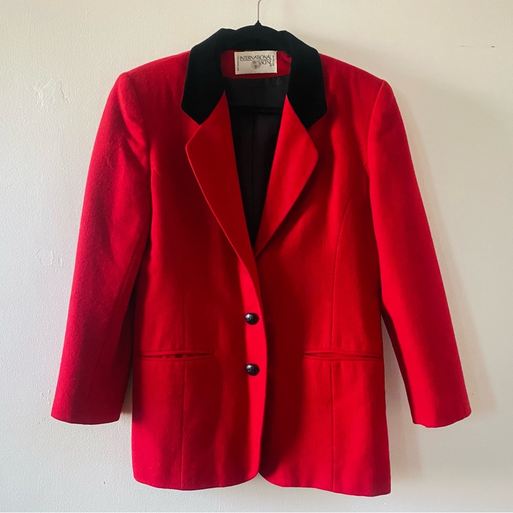RED VINTAGE WOOL BLAZER JACKET W/ VELVET COLLAR
